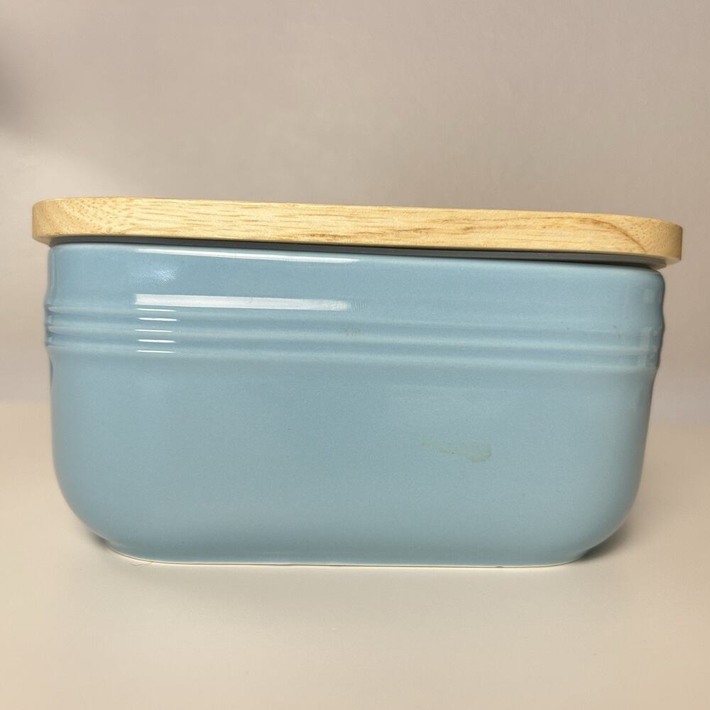 Large DOWAN Ceramic Butter Dish Wood Lid Turquoise 6.5" x 3.5" Classic Simple - Picture 2 of 11